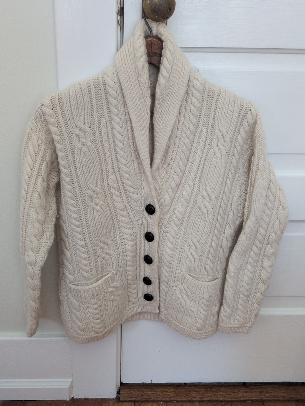 Cream Cable-Knit Shawl Collar Men's Sweater Cardigan